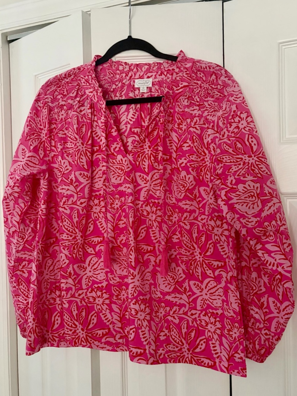 Mud Pie Pink Tropical Flower Tassel Long Sleeved Tunic Blouse